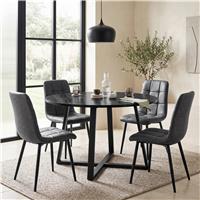 Kyvon Round Dining Table Set with 4 Chairs - Black Wood Effect - Grey Suede Leather