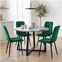 Kyvon Round Dining Table Set with 4 Chairs - Concrete Effect - Green Velvet