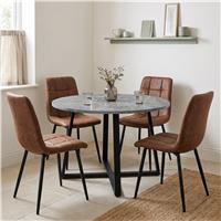 Kyvon Round Dining Table Set with 4 Chairs - Concrete Effect - Brown Suede