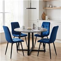 Kyvon Round Dining Table Set with 4 Chairs - Concrete Effect - Blue Velvet