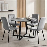 Kyvon Round Dining Table Set with 4 Chairs - Concrete Effect - Light Grey Velvet