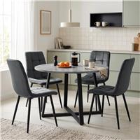 Kyvon Round Dining Table Set with 4 Chairs - Concrete Effect - Dark Grey Velvet