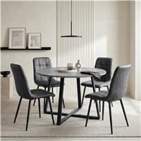 Kyvon Round Dining Table Set with 4 Chairs - Concrete Effect - Grey Suede