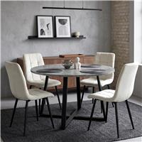 Kyvon Round Dining Table Set with 4 Chairs - Concrete Effect - Cream Velvet
