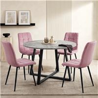 Kyvon Round Dining Table Set with 4 Chairs - Concrete Effect - Pink Velvet