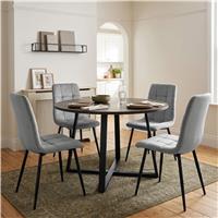 Kyvon Round Dining Table Set with 4 Chairs - Dark Wood Effect - Light Grey