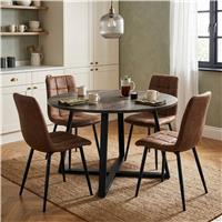 Kyvon Round Dining Table Set with 4 Chairs - Dark Wood Effect - Brown Suede Leather