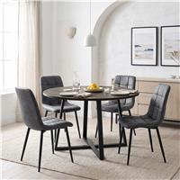 Kyvon Round Dining Table Set with 4 Chairs - Dark Wood Effect - Grey Suede Leather