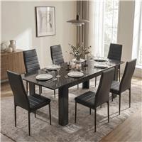Milo Extendable Dining Table Set - Black Marble Effect - 6 Seater / Black
