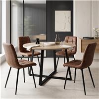 Kyvon Round Dining Table Set with 4 Chairs - Sonoma Oak Effect - Brown Suede Leather