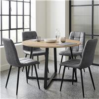 Kyvon Round Dining Table Set with 4 Chairs - Sonoma Oak Effect - Grey Suede Leather