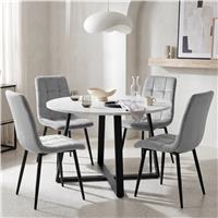Kyvon Round Dining Table Set with 4 Chairs | White Marble Effect - Light Grey