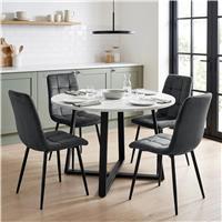 Kyvon Round Dining Table Set with 4 Chairs | White Marble Effect - Dark Grey