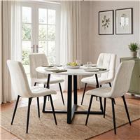 Kyvon Round Dining Table Set with 4 Chairs | White Marble Effect - Cream