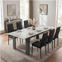 Milo Extendable Dining Table Set - White Marble Effect - 6 Seater / Black