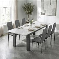 Milo Extendable Dining Table Set - White Marble Effect - 6 Seater / Grey