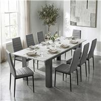 Milo Extendable Dining Table Set - White Marble Effect - 8 Seater / Grey