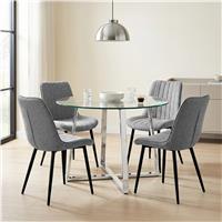 Kyvon Round Glass Dining Table Set with 4 Vertical Chairs - Grey