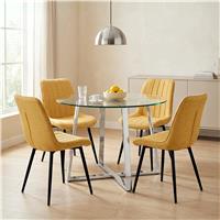 Kyvon Round Glass Dining Table Set with 4 Vertical Chairs - Mustard