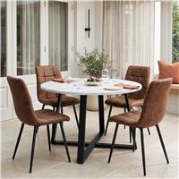 Kyvon Round Dining Table Set with 4 Chairs | White Marble Effect - Brown