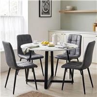 Kyvon Round Dining Table Set with 4 Chairs | White Marble Effect - Grey