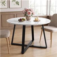 Round Wood Effect Dining Table with Black Cross Legs - White Marble