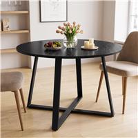 Round Wood Effect Dining Table with Black Cross Legs - Black Wood
