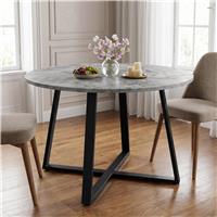 Round Wood Effect Dining Table with Black Cross Legs - Concrete