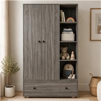 Kids Triple Wardrobe with Drawer & Open Shelves - Grey Wooden