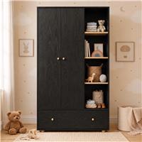 Kids Triple Wardrobe with Drawer & Open Shelves - Black