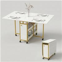 Rustic Folding Dining Table with Wheels and Storage - White Marble