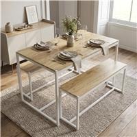 Orvak Rustic 4 Seater Dining Table with Bench Set - Oak