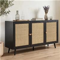 Woven Rattan 3 Door Sideboard Cabinet with Storage - Black