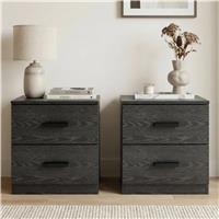 Blythe Pair of 2 Drawer Bedside Tables, Wooden Handle - Black