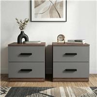 Blythe Pair of 2 Drawer Bedside Tables, Wooden Handle - Walnut Grey