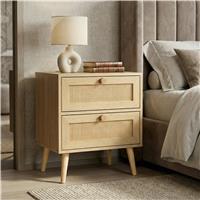 Rattan 2 Drawer Bedside Table - Nightstand Drawers - Oak