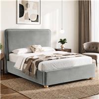 Plush Velvet Ottoman Storage Bed with Comfy Backrest - Double / Light Grey