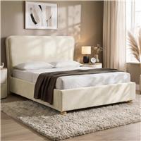Plush Velvet Ottoman Storage Bed with Comfy Backrest - Double / Beige