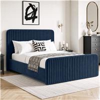 Vertical Line Ottoman Storage Bed | Tall Padded Headboard - Double / Blue