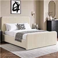 Vertical Line Ottoman Storage Bed | Tall Padded Headboard - King / Beige