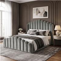 Scalloped Plush Velvet Ottoman Storage Bed Frame