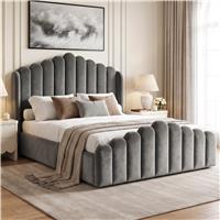 Scalloped Plush Velvet Ottoman Storage Bed Frame