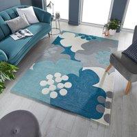 Retro Floral Rug Blue/Grey/White