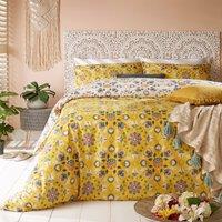 furn. Folk Flora Ochre Reversible Duvet Cover and Pillowcase Set Yellow/Blue/White