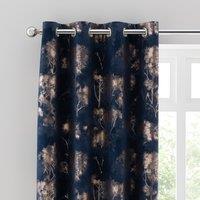 Velour Tree Print Navy Eyelet Curtains Navy Blue/Gold