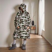 Dunelm Camo Green, Brown & Grey Fleece Blanket Oversize Adult Hoodie, Size: 98cm x 97cm Brown/White/Green