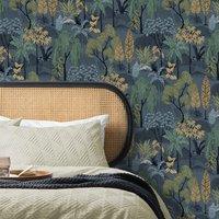 Tropical Island Navy Wallpaper Navy Blue/Green/Yellow