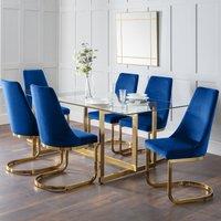 Minori 6 Seater Rectangular Glass Top Dining Table, Gold