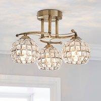 Bergen Crystal Antique Brass 3 Light Semi Flush Ceiling Light Gold