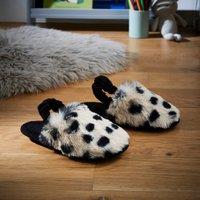 Dunelm Kids Mini Me Mono Black & White Spotty Faux Fur Mule Slippers, Size: UK Kids 9-10 Black and white